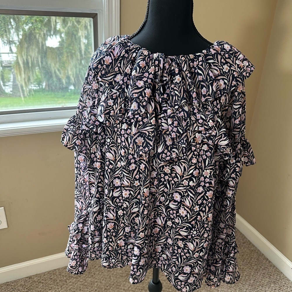 Floral Ruffle Long Sleeve Blouse Navy Pink Tiered Tie Neck Top - Picture 3 of 6